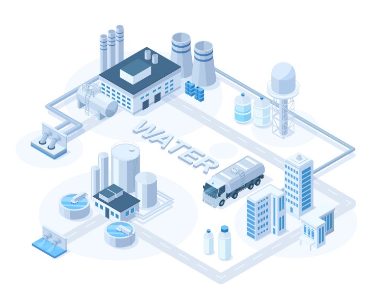 Isometric water purification system, wastewater treatment concept. Vector diagrams of pumping stations and sewage treatment. Industrial water purification technology